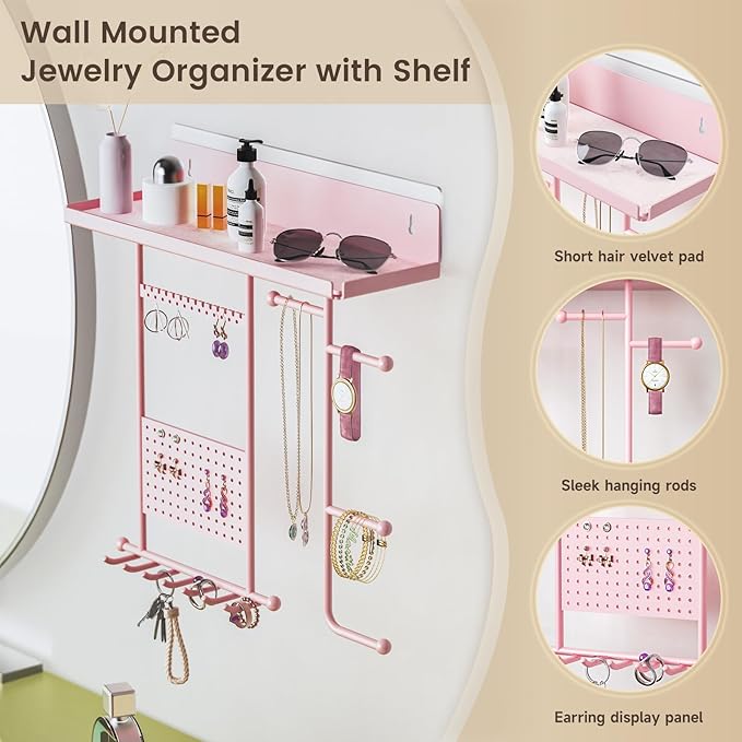 Wall Mounted Jewelry Organizer with Shelf: Metal Display Stand with Velvet Pad, Multi-Layer Necklace Hanging Rack for Bedroom Bathroom Space Saving No-Drill Wall Decor