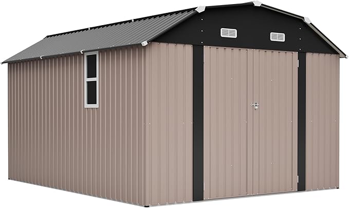 10×12 FT Outdoor Storage Shed,Heavy-Duty Metal Shed with Floor Base,All Weather Waterproof Tool Shed W/Diamond Roof & Windows,Lockable Double Door & 4 Air Vents,for Backyard,Patio,Lawn,Brown