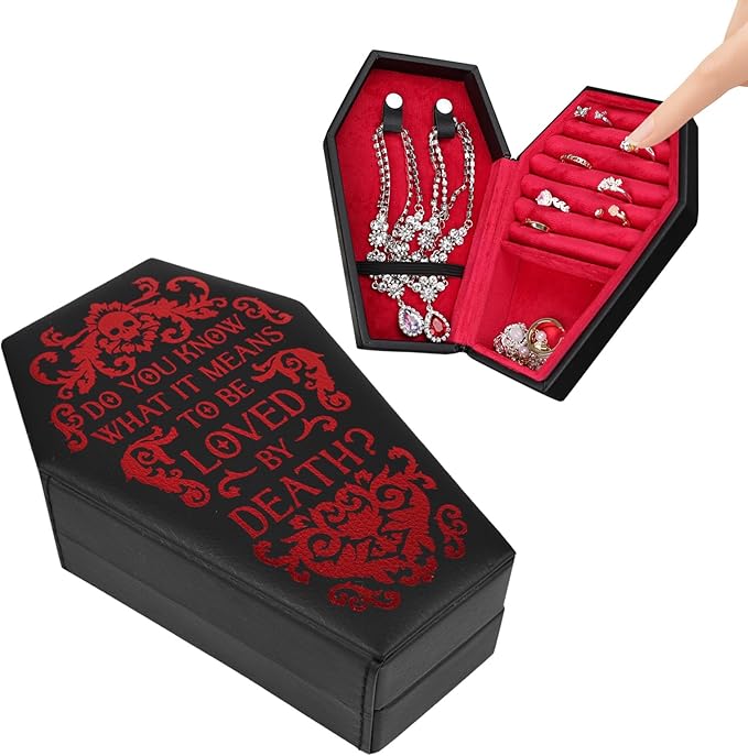 Gothic Velvet Coffin Jewelry Box, Travel Case Versatile Organizer for Rings, Necklaces, Earrings (Black)