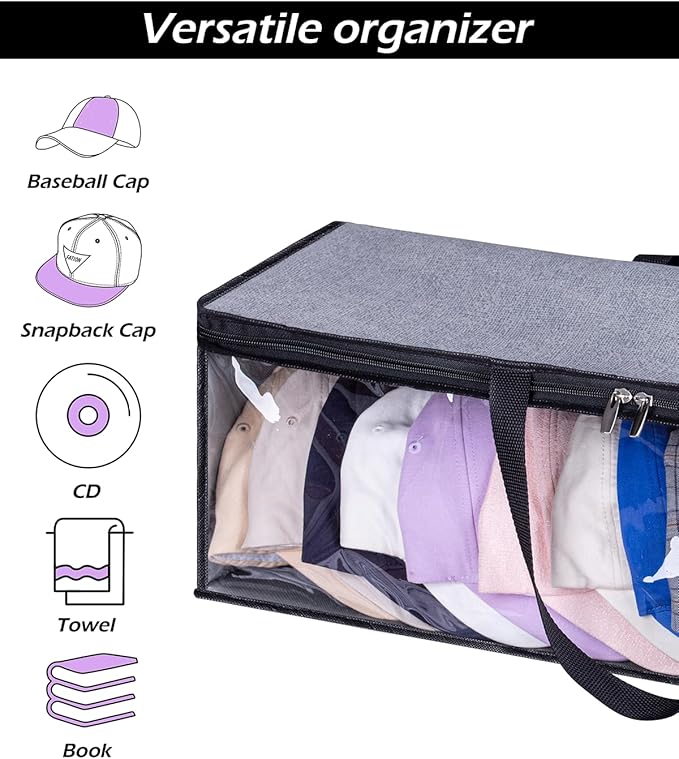 KIMBORA 2 PCS Wide Hat Storage for Baseball Caps Organizer with 2 Sturdy Handles Hat Racks Holder Grey Capbox Stackable for Home Travel