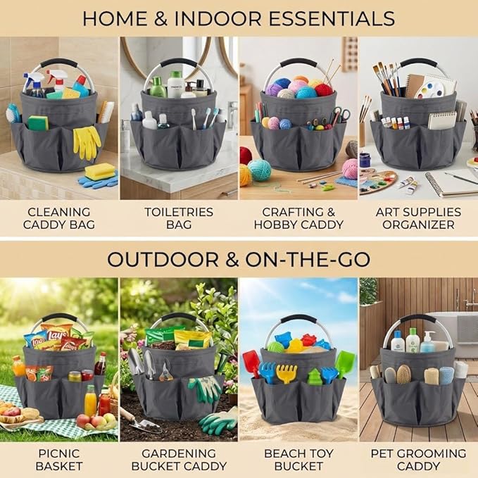 Multifunctional 17L Cleaning Caddy,Foldable 600D Organizer Bag with EVA Grip and 6 Pockets,Portable Storage Tote for Housekeeping,Car Detailing,Garden,Bathroom and Dorm (gray)