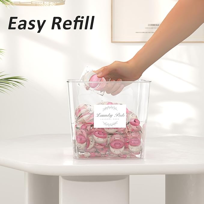 Laundry Room Organization and Storage, Laundry Pods Container and Dryer Sheet Holder with Bamboo Lids and Labels, Laundry Organizer with Scoops for Booster Beads, Powder, Pods, 3+1 Pack