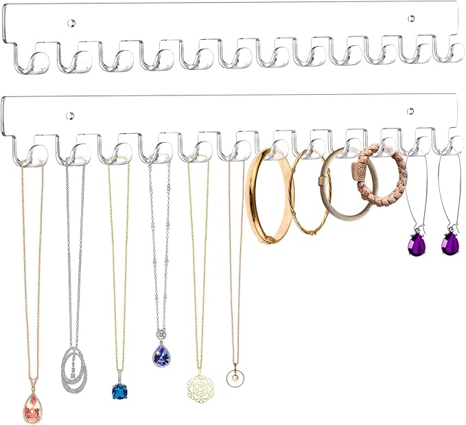 2 Pack Necklace Holder - Hanging Jewelry Organizer, Self-Adhesive, Wall Mount (Clear)
