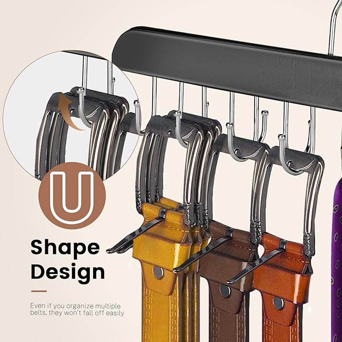 Solid Wood Belt Hanger, 14 Hooks Belt Organizer Space Saver for Closet, 360° Rotating Belt Holder Tie Rack for Men Women Dorm Bra Purse Scarf Tank Top Storage Accessories (Black)