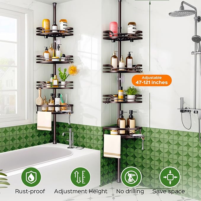 HAMITOR Shower Caddy Tension Pole: Rustproof Bathroom Corner Shelf for Renters, 47-121 inches Adjustable Organizer with Soap Holder-Large Capacity Rack for Shampoo Storage Home Accessory- Bronze