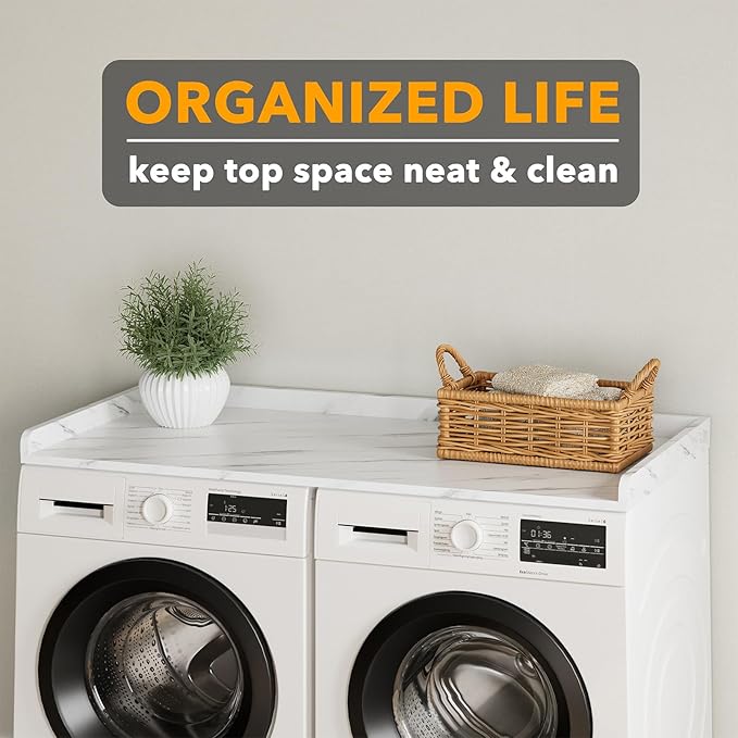 SpaceAid Washer Dryer Countertop, Laundry Wood Shelf Topper with Edge, 54" Width x 27.5" Depth Cover Guard Organizer for Washer and Dryer Laundry Hamper Counter Storage Organization (White Marble)