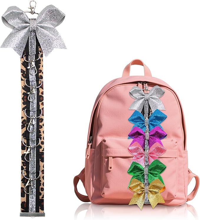 ALIBBON Cheer Bow Holder Glitter Silver Leopard Print Hair Bow Holder Cheer Keychain for Cheerleading Backpack Bag Cheerleader Gifts Sports Cheerleading Bows Storage Hanging Ribbon Chain with 5 Clasps