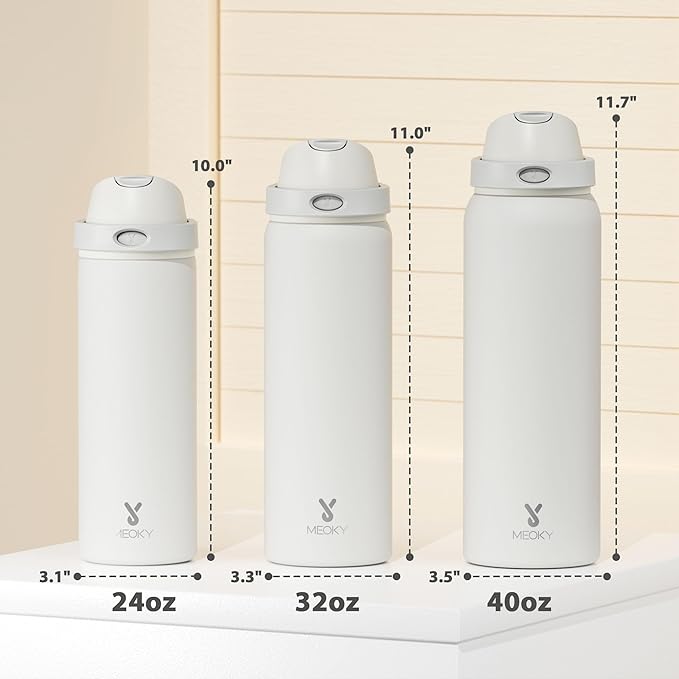 40 oz Insulated Water Bottle with Straw: Meoky Stainless Steel Metal Water Bottle with 2-in-1 Lid - Leak Proof, Cold for 24 Hours, Protective Silicone Base, BPA-Free for Sports Gym, Ivory