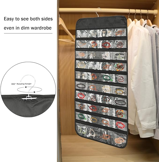 80 Pockets Double-Sided Hanging Jewelry Storage Bag, Transparent Earring, Bracelet, Ring Bag, 33x17 Inch Large Size Fits Wardrobe/Shelf Rod, Travel Portable, Non-Woven(Black)