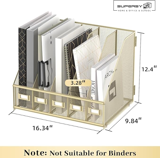 SUPEASY Desk Organizers Metal Desk Magazine File Holder with 5 Vertical Compartments Rack File Organizer for Office Desktop, Home Workspace, Golden Yellow