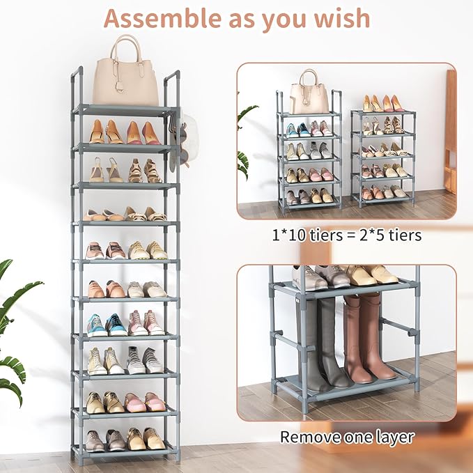 10 Tiers Tall Shoe Rack 20-25 Pairs Boots Organizer Storage Sturdy Narrow Shoe Shelf for Entryway, Closets with Hooks, Grey