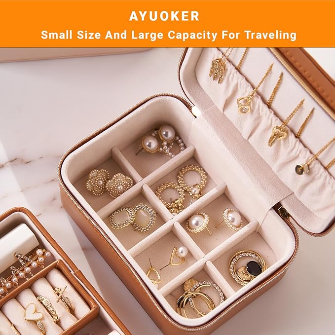 Brown Small Travel Jewelry Box,2 Layers PU Leather Travel Jewelry Box with Double Zippers, Portable Travel Jewelry Organizer for Necklace/Bracelet/Ring/Brooch