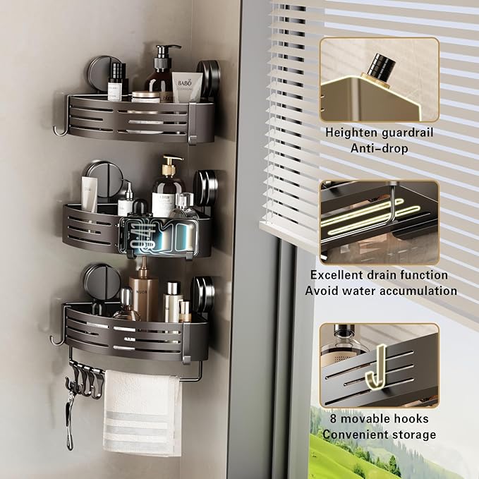 VOLPONE Shower Caddy Suction Cup No Drilling Suction Cup Shower Shelf Aluminum Bathroom Shower Organizer Storage Rack Adhesive with Towel Bar Hooks (2-Pack, Matte Gray)
