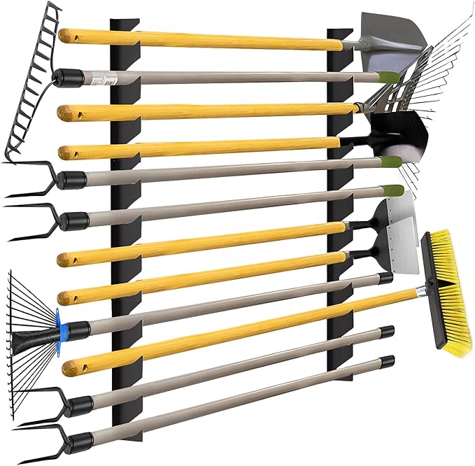 CZWL&HG Garage Tool Organizer Wall Mount – Heavy-Duty Solid Steel Rack for Shovels, Rakes, Long-Handled Tools – Horizontal Shed/Yard Storage Holds 250 lbs with Rustproof Mounts