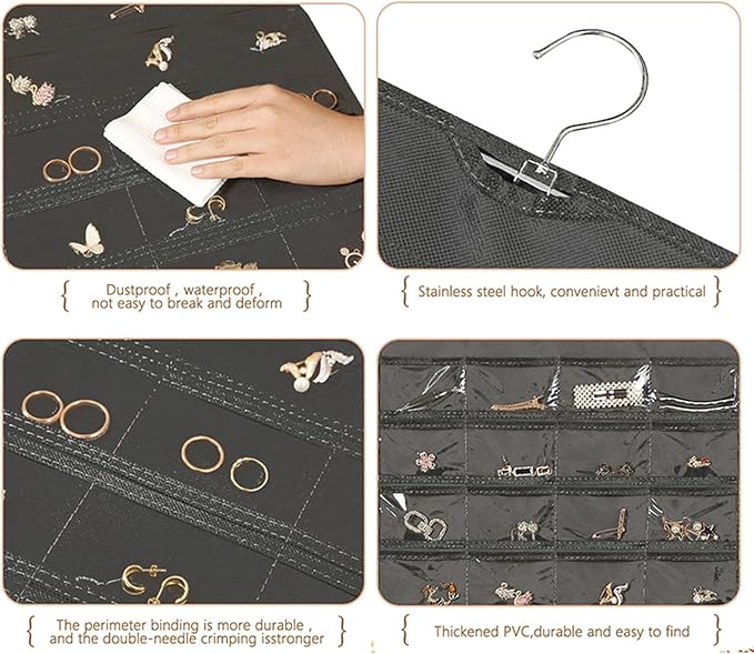 Double-Sided Hanging Jewelry Organizer with 48 Pockets and 8 Hooks – Versatile Accessories Holder for Earrings, Necklaces, Rings, Glasses – Wall, Door, or Closet Mounted Jewelry Hanger.