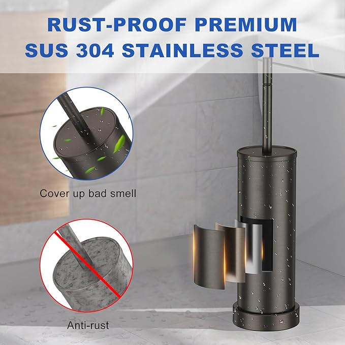 Toilet Brush and Holder Set: 304 Stainless Steel Heavy Duty Toilet Bowl Brush and Holder with Removable Inner Bowl and Splash Protection, Long Handle Bathroom Cleaning Tool