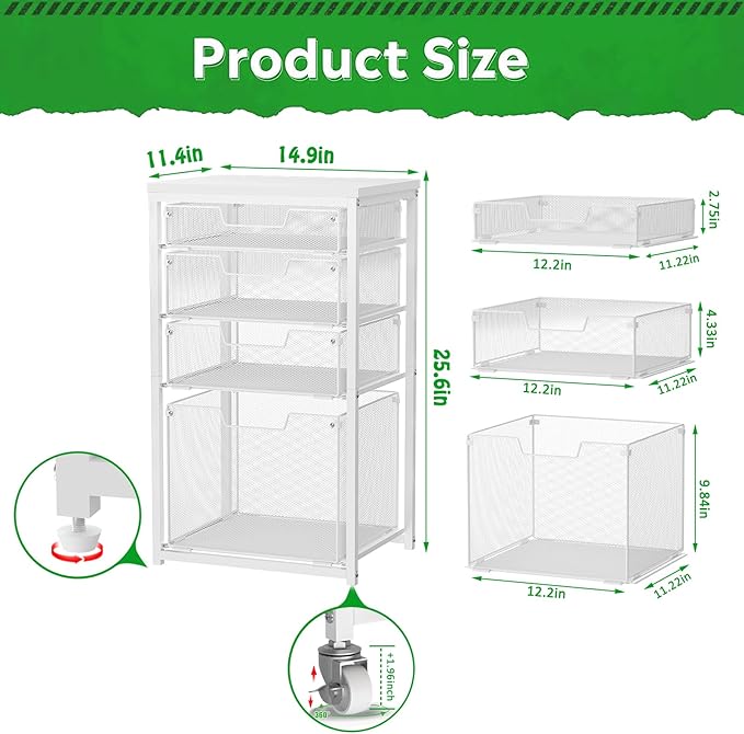 4 Drawer Rolling File Cart with Wheels, Mobile Filing Cabinet for Home Office, Hanging File Organizer, Under Desk Storage, Multifunctional Utility Cart Printer Stand, White