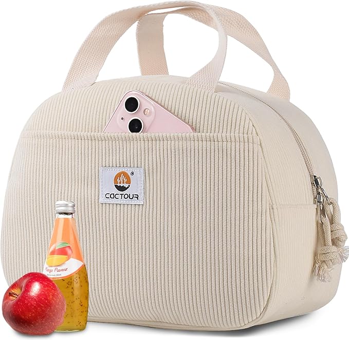 Lunch Bag Lunch Box for Women Girls Teens, Cute Lunch Box Cooler Bag,Portable Small Reusable Corduroy Insulated LunchBox for Work/Travel/Picnic/School (Beige)