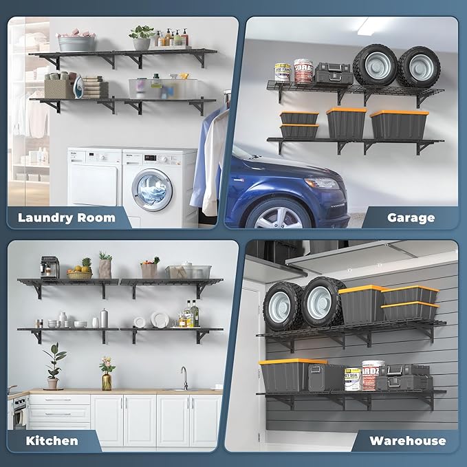 4 Pack Heavy Duty Garage Wall Shelving Set (1.5x4ft), Wall Mounted Garage Shelves 1400lbs Capacity, 18"x96" Shelf Storage Rack Floating Shelves, Black