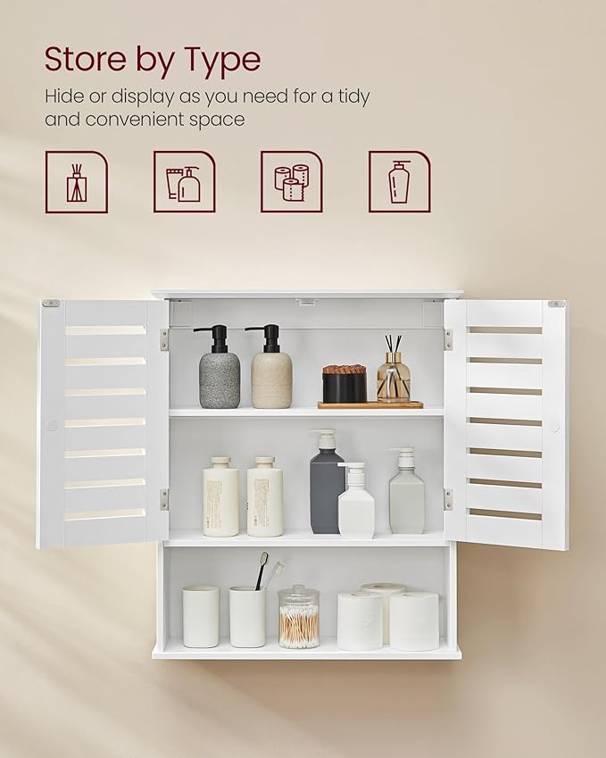 VASAGLE Bathroom Wall Cabinet, Medicine Cabinet, Wall-Mounted Bathroom Storage Cabinet, with Adjustable Shelf, Double Slat Doors and Open Shelf, 7.9 x 23.6 x 27.6 Inches, Cloud White UBBK028W01