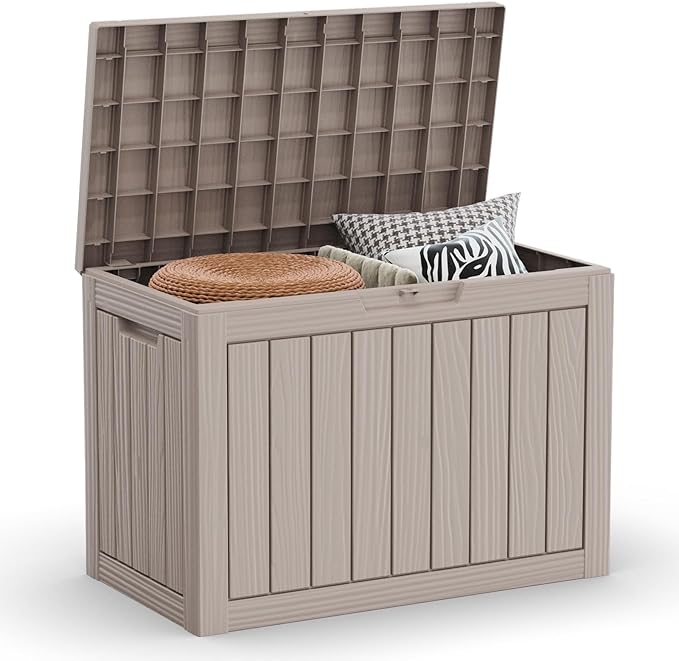 Outdoor Storage Deck Box Waterproof,50 Gallon Lockable Patio Package Delivery Bin as Seat, Resin Storage Container Bench for Furniture Cushions, Pool Accessories, Garden Tools, Grey