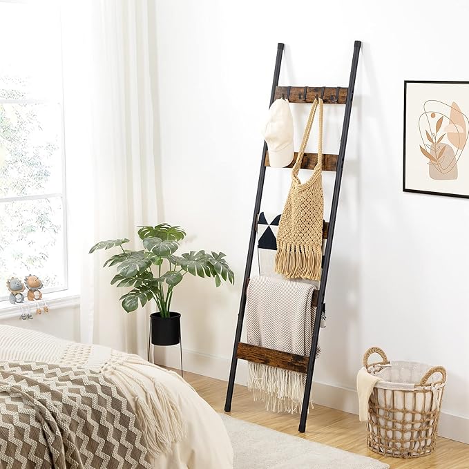 HOOBRO Blanket Ladder, 5-Tier Towel Rack with Hooks, Wall-Leaning Blanket Rack, Decorative Display Ladder Shelf, for Scarves, Industrial, Living Room, Bedroom, Rustic Brown and Black BF52CJ01
