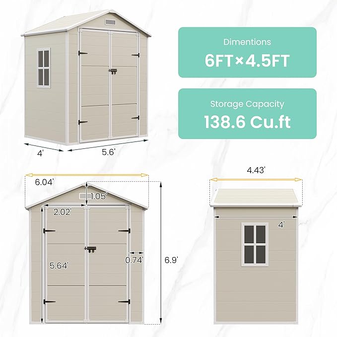 UDPATIO Outdoor Storage Shed 6x4.5 FT, Plastic Sheds & Resin Outside Storage for Trash Can, Bike, Lawnmower, Generator, Tool Shed with Lockable Door for Backyard, Lawn, Patio, Sandstone