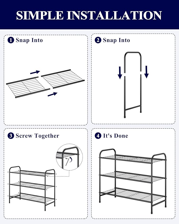 Kitsure Shoe Rack - Stainless Steel Shoe Organizer, Sturdy Shoe Rack for Closet and Front Door Entrance, Free Standing Shoe Shelf, Closet Organizers and Storage, 25.6" Wide - 3 Tier, Black