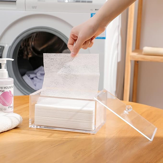 rejomiik Clear Dryer Sheet Holder Thick Acrylic Dryer Sheet Dispenser Container with Lid for Fabric Softener Sheets, Dryer Balls, Laundry pods, Clothes Pins, Laundry Room