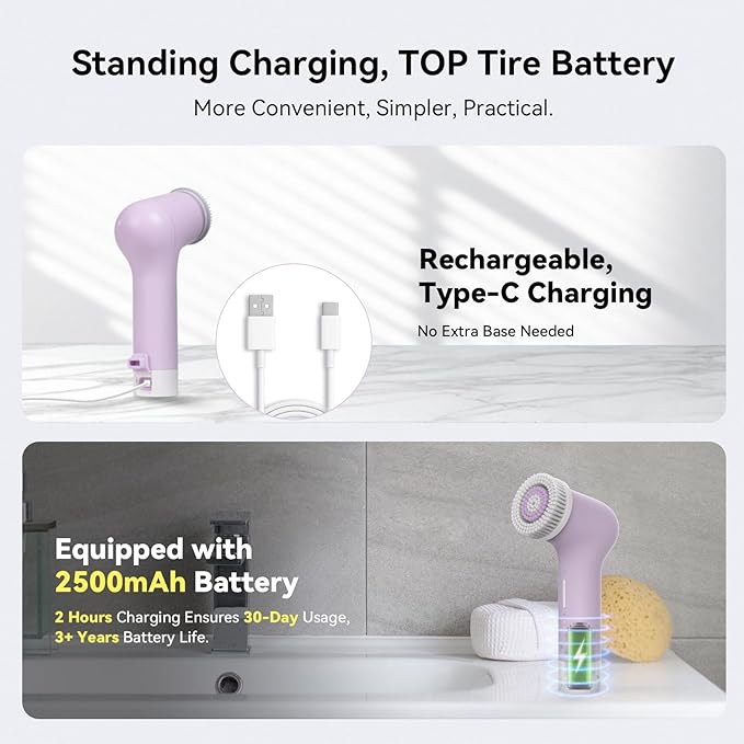 Electric Facial Cleansing Brush,Rechargeable Silicone Face Scrubber exfoliator,3 Speeds,Waterproof, Exfoliating & Massage,for Women Men Skincare, Romantic lavender Birthday Valentine's Day gift