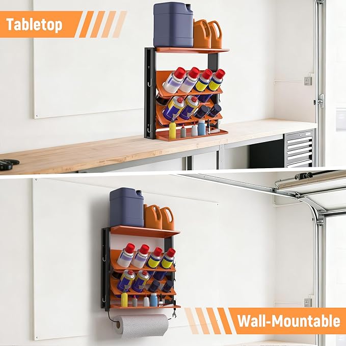 Spray Bottle Holder Wall-Mounted, Aerosol Spray Can Holder, Heavy Duty Paint Bottle Organizer with 8 Can Holes 80 LBS, Utility Storage Rack with Paper Towel Holder for Garage, Shop or Tool Trailer