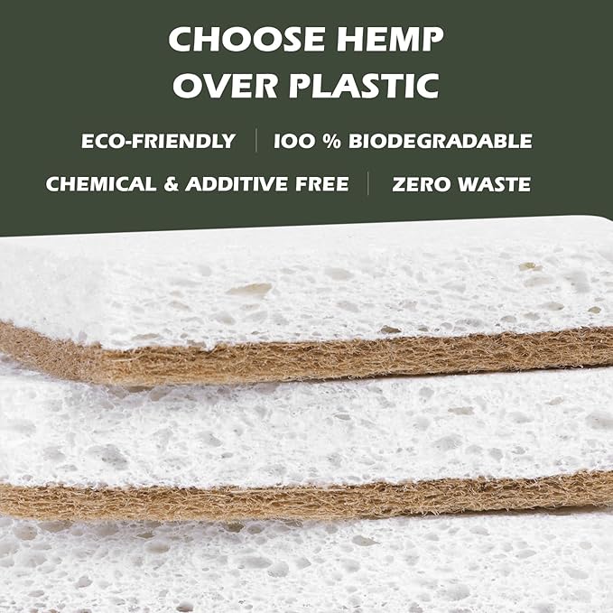 Plant-Based Kitchen Sponges - FSC Certified and PETA Approved, Natural, Eco-Friendly, Biodegradable Sisal Hemp Sponges for Dishes, Cleaning Sponge for Kitchen, Bathroom, Household - 12 Count