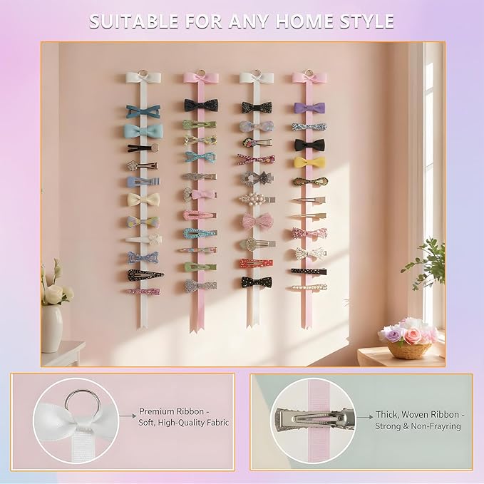 4-Pack Bow Holder & Hair Clips Organizer, Wall Hanging Storage for Alligator Clips & Barrettes, Hair Accessories Organizer for Women Girls Bedroom College Dorm Decor (White & Pink)
