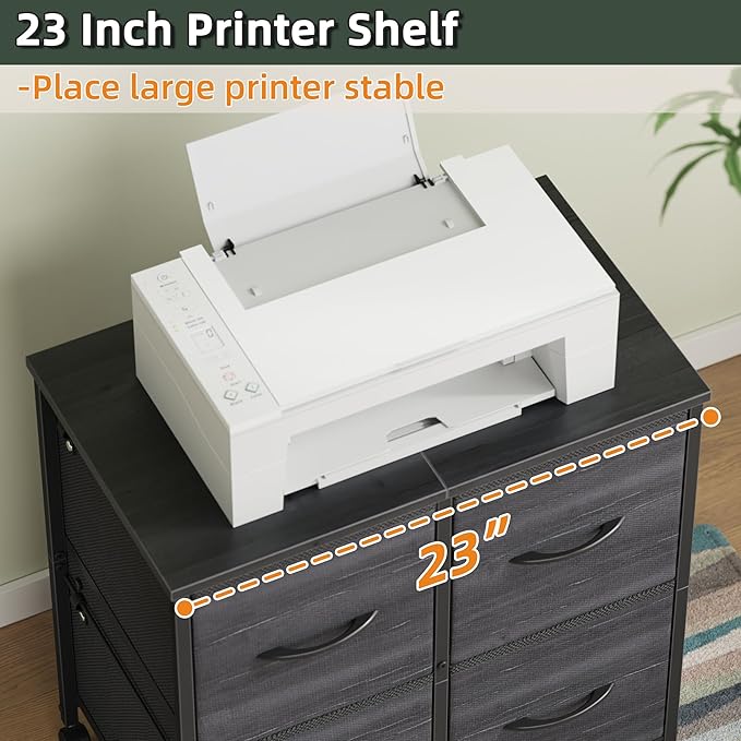 4 Drawer Lateral File Cabinet, Mobile Filing Cabinet for Large Printer, Home Office Functional Small Office Storage Cabinet & Printer Stand, Fits Letter/A4, Charcoal Black Grain Print