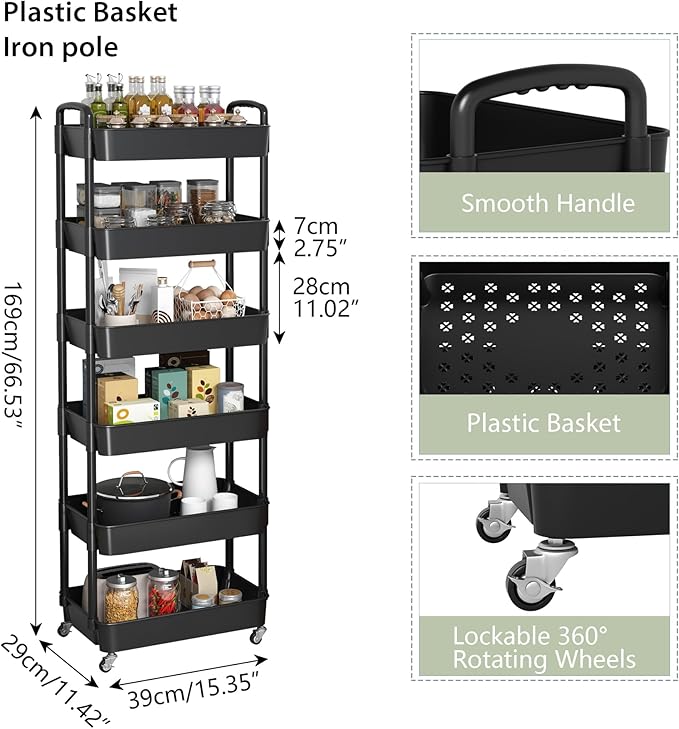 Sywhitta 6-Tier Plastic Rolling Utility Cart with Handle, Multi-Functional Storage Trolley for Office, Living Room, Kitchen, Movable Storage Organizer with Wheels, Black