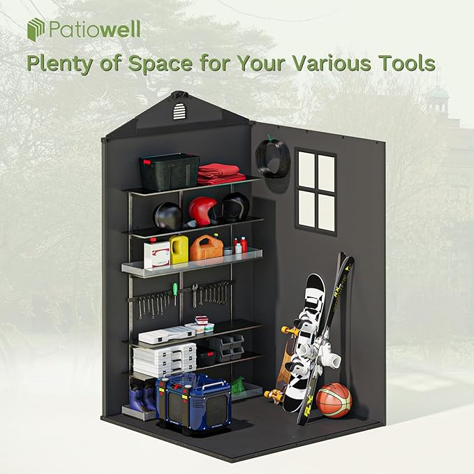 Patiowell 4 x 4 FT Plastic Outdoor Storage Shed with Floor, Garden Tool Resin Shed with Two Windows and Lockable Door for Garden, Backyard, Lawn, Easy to Install, Dark Grey