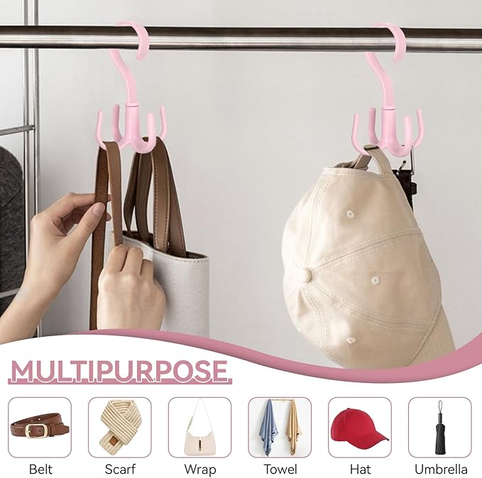 2PCS Rotating Handbag Hanger, 360 Degree Rotating Closet Organizers with 4 Claws, Scarf Tie Rack Hooks for Belts 4 Colors, Multifunctional Closet Handbag Hook Scarf Hanging Rack for Bedroom(Pink)