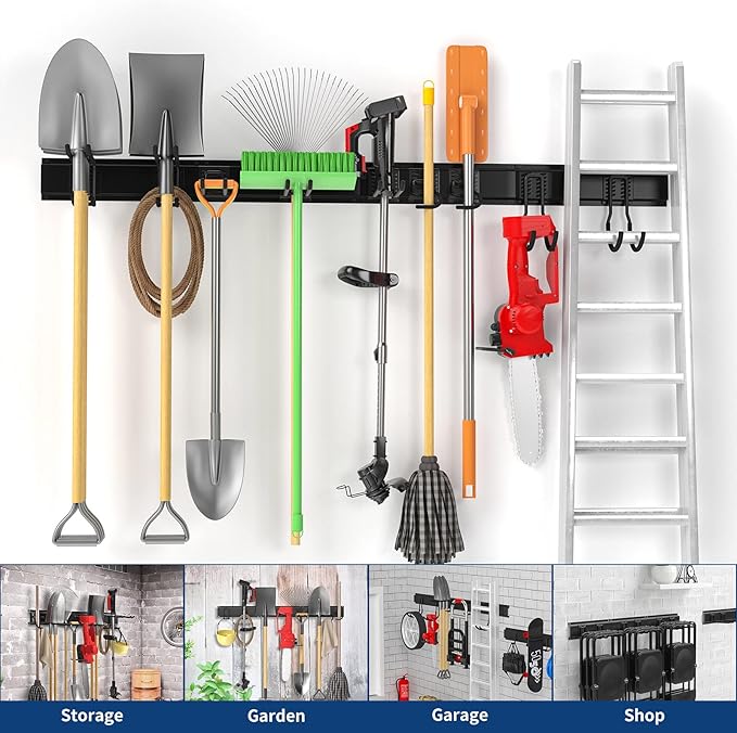 64" Wall Mount Tool Storage Rack, 15 PCS Heavy Duty Steel Yard Garden Tool Organizer, Garage Tool Organizer Wall Mounted Storage System Hold Up to 550lbs, with 2 Extension Cord