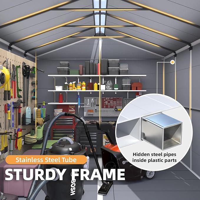MELLCOM 8 x 10 FT Resin Outdoor Storage Shed with Floor, Outdoor Storage Tool Shed with Windows and Lockable Door, Resin Garden Shed for Garbage Can, Lawnmower, Bike