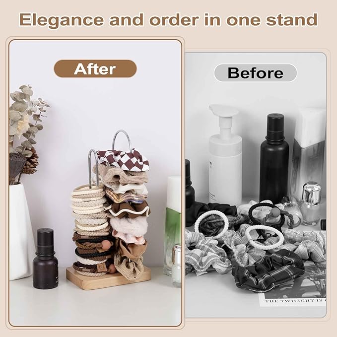2-Tier Hair Tie Organizer, Modern Scrunchies Storage Tower Holds 50-70 Hair Accessories, Claw Clip Holder, Fashion Countertop Display Stand for Women & Girls(Natural)