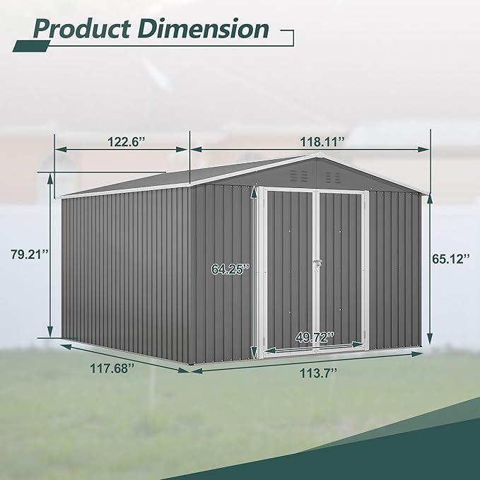 10×10 FT Outdoor Storage Shed,Metal Aluminum Waterproof Tool Sheds with Doors and Vents,Heavy-Duty Sheds Unit W/Lock and Key,for Storing Bicycles,Lawnmowers,Barbeques,Gray