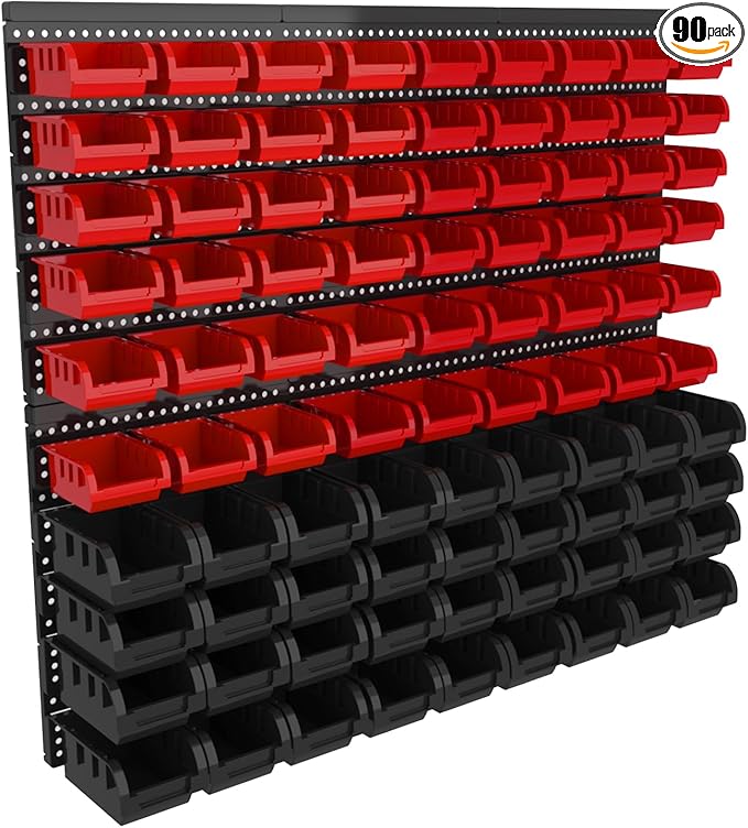‌90PCS Wall Mount Storage Bins Organizer - Adjustable Plastic Compartments for Screws/Nuts/Bolts／hardware, Perfect for Garage & Workshop Tool Organization