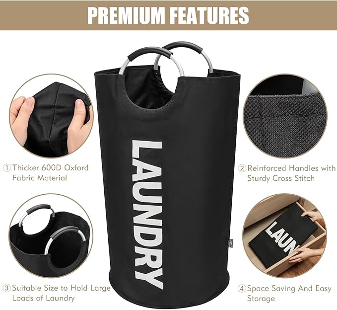DOKEHOM 90L Large Laundry Basket, Collapsible Laundry Bag, Freestanding Tall Clothes Hamper, Foldable Washing Bin (Black)