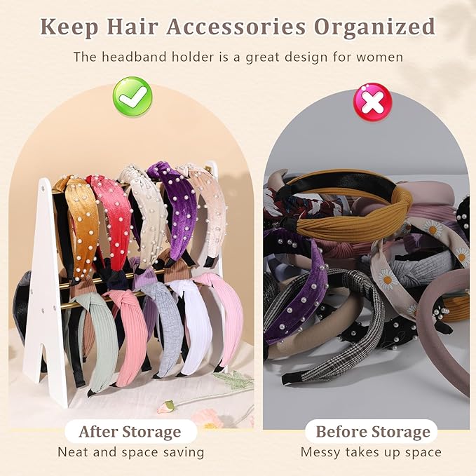 Headband Holder Organizer, Metal Headband Organizer, 2-Tier Hairband Display Stand, Hairhoop Storage Rack for Girls and Women, Gold