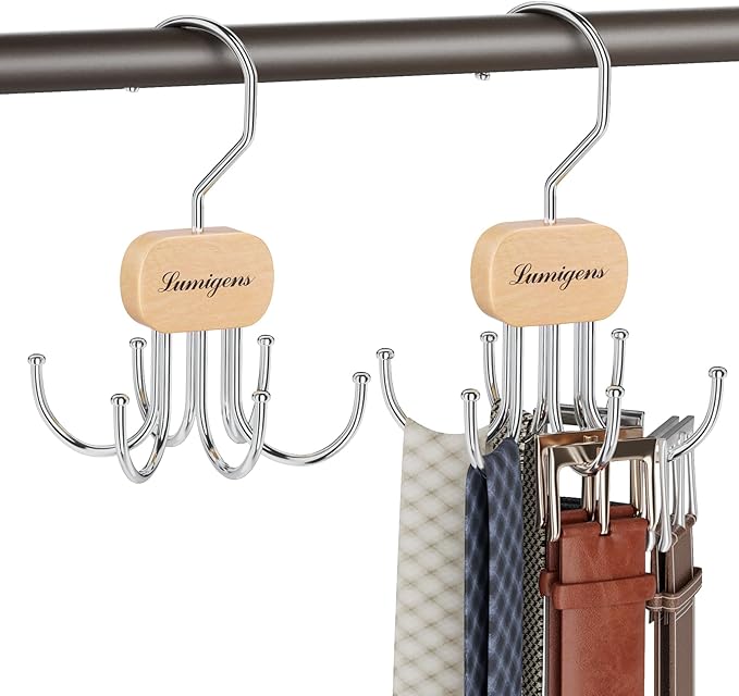 Belt Hanger, Belt Organizer for Closet,Rotatable Tie Rack,Belt Holder,Hanging Closet Organizer Hook for Belt, Bra, Tank Top, Tie, Scarf, Purse,4PCS,Natural