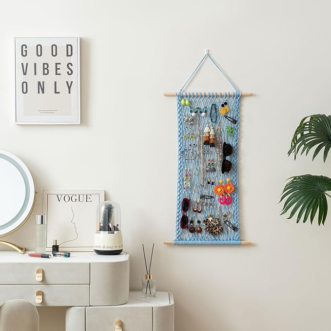 Pretty Jolly Hanging Jewelry Mesh Organizer Macrame Wall Mounted Necklaces Storage Earring Display Rack Girls Hair Clips Hanger with 20 Pieces S Shape Hooks for Bracelets,Necklace and Rings(Blue)
