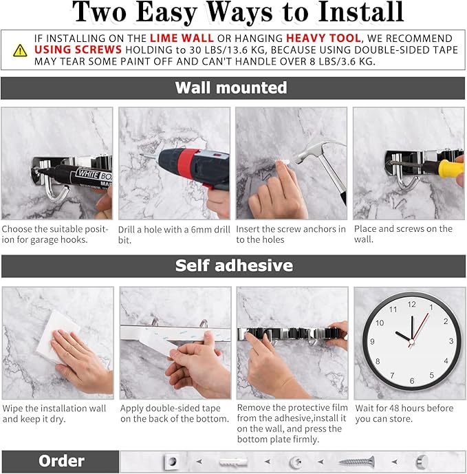 AceMining 5 Racks and 4 Hooks Mop and Broom Holder Wall Mount, Broom Organizer Storage Tool Racks Stainless Steel Heavy Duty Hooks Self Adhesive Solid Non-slip for Home Kitchen Garden Laundry Garage