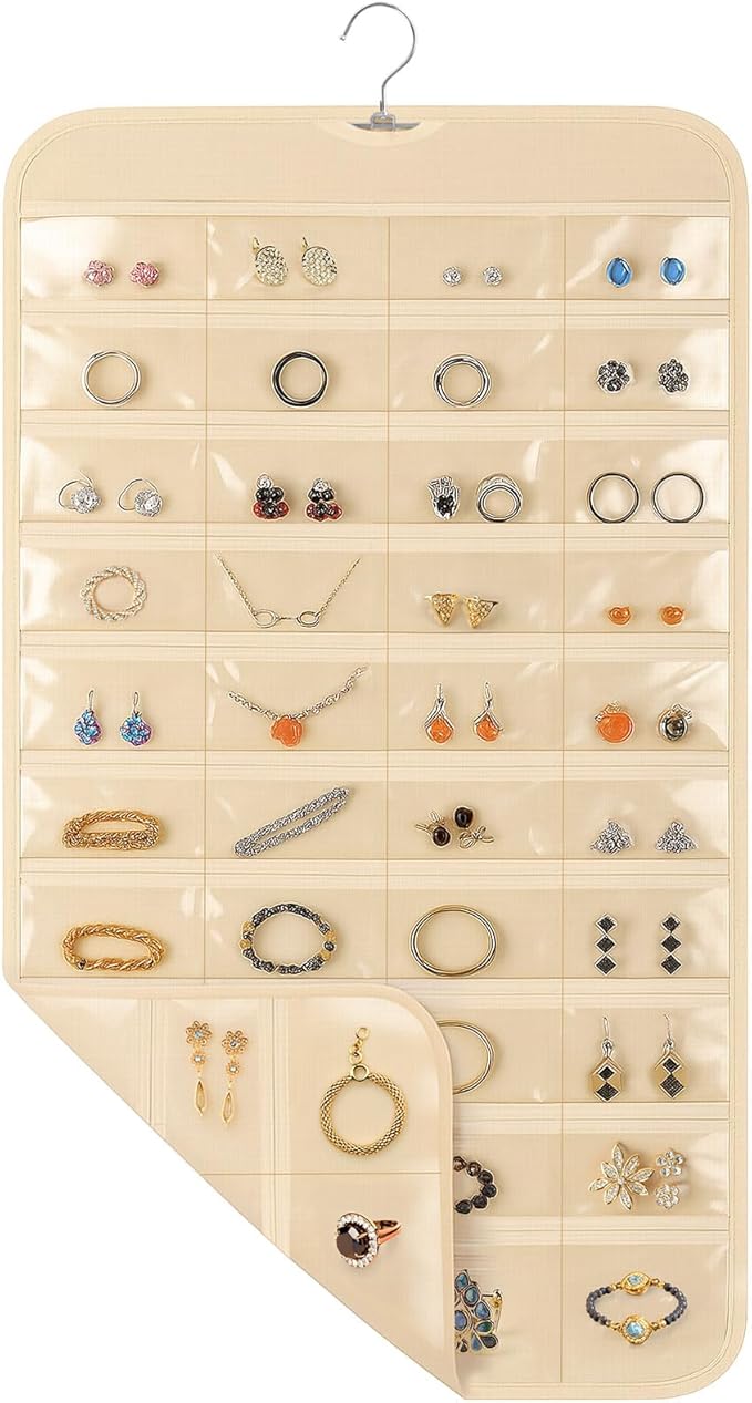 Hanging Jewelry Organizer for Closet with Swiveling Hanger, 17 x 30 In, 80 Clear Pockets Jewelry Organizer Hanging for Jewelries, Earrings, Accessories (Beige)