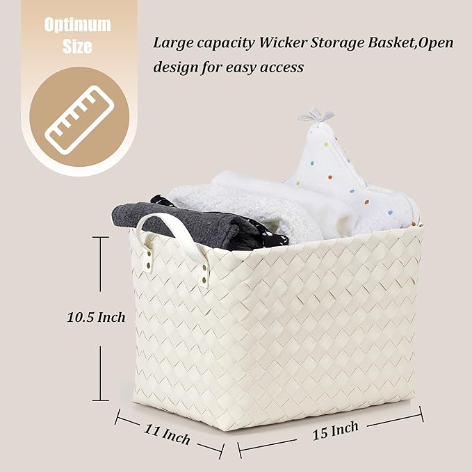 Handwoven Clothes Basket Laundry Hampers Large Wicker Storage Baskets for Shelves Blankets Closet Storage Bins Car Bedroom Bathroom Organizers and Storage Bath (Pack of 4, White)