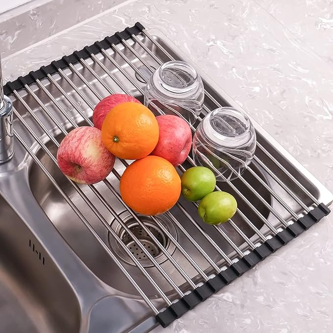 Seropy Roll Up Dish Drying Rack Over The Sink Drying Rack for Kitchen Counter, Rolling Dish Rack Over Sink Mat, Foldable Dish Drainer Stainless Steel Rack Kitchen Organization Gadgets 20.5"x11.8"